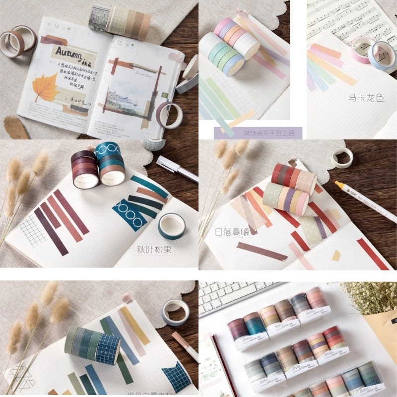 Hộp 10 Cuộn Washi Tape Basic DIY Trang Trí Bullet Journal Nhật Ký Sổ Lưu Niệm