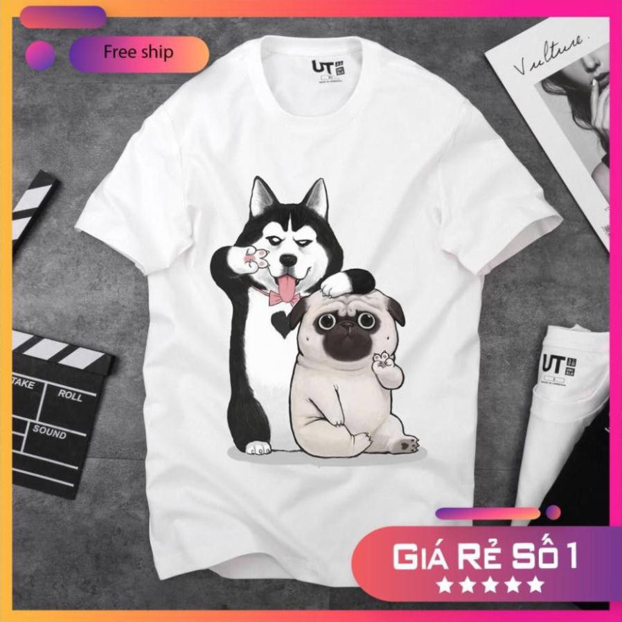 Áo thun nam tay ngắn, áo hình chó husky vs pug - Áo thun Trung Quốc Unisex - Áo thun tay lỡ - Áo thun trung quốc (Trắng)