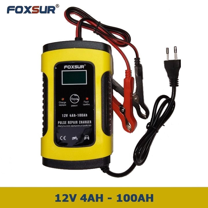 Sạc bình ắc quy ô tô xe máy 12V 4Ah - 100Ah FOXSUR tự ngắt khi đầy chức năng bảo dưỡng phục hồi ắc quy bằng khử sunfat