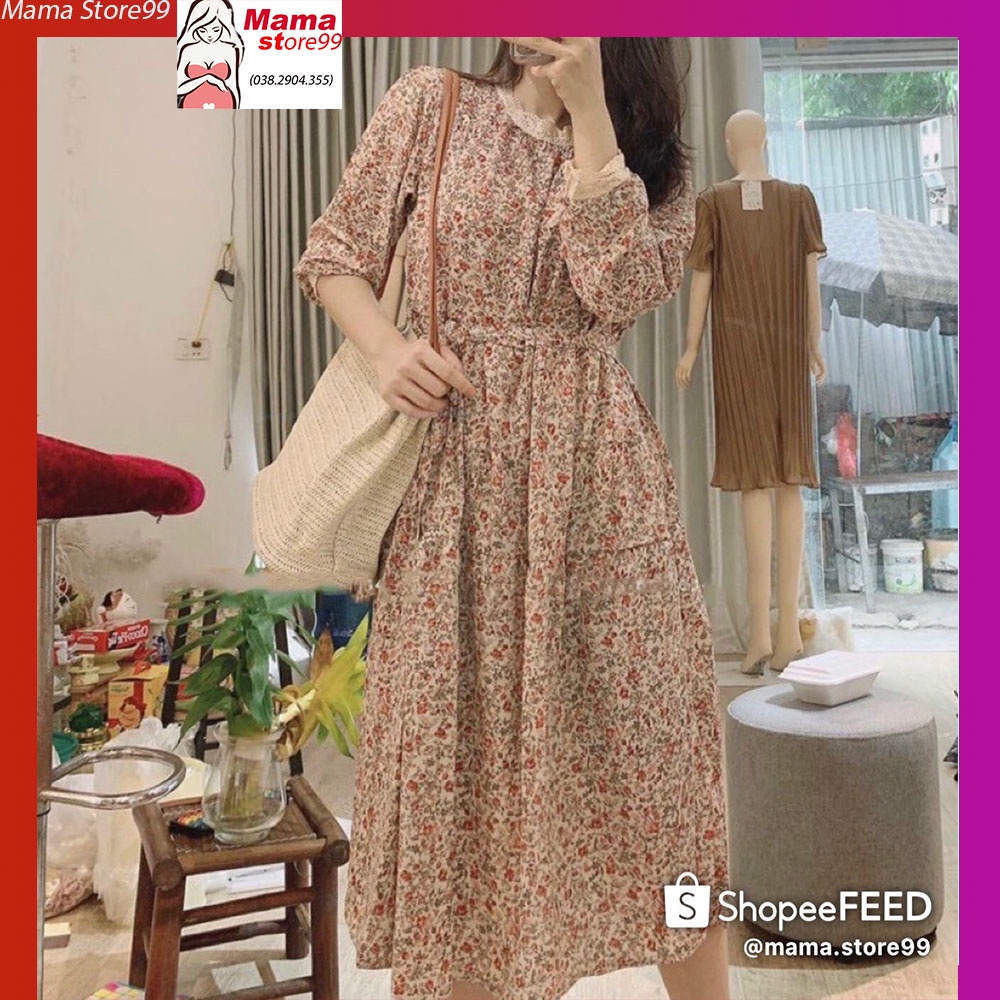 Váy Bầu Mùa Hè Hoa Nhí Dài Tay,Đầm Công Sở Cổ Ren Kèm Đai Thắt Xinh Xắn,Dễ Thương V0073 Mama Store99