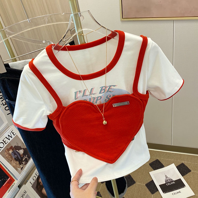 Designer red love two American blouses women's new summer cartoon printed fashion T-shirt in 2022