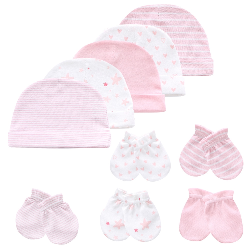 5 Mũ trùm đầu/ 5 Cặp bao tay bằng cotton chống trầy xước dành cho em bé