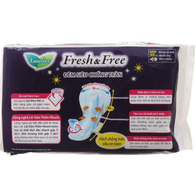 Băng vệ sinh ban đêm Laurier Fresh and Free đêm nhiều có cánh 35cm 3 miếng