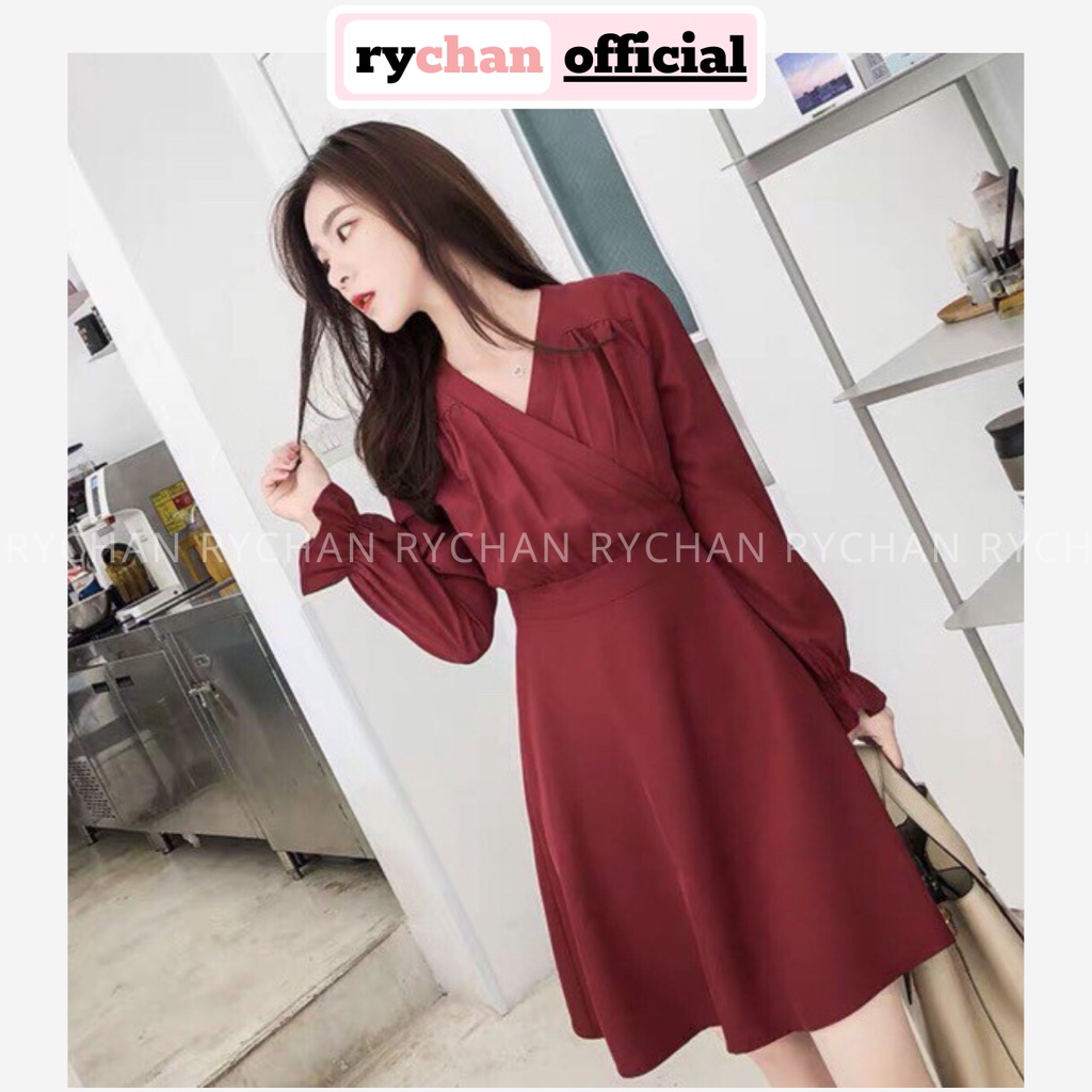 DX679 - Đầm Xòe Đỏ Đắp Chéo Tay Dài Cổ V