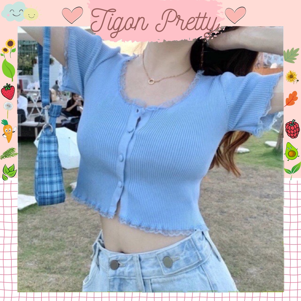 Áo croptop nút giả viền ren chất thun gân siêu xinh