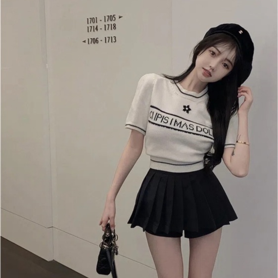 Áo Dệt Kim Tay Ngắn Phồng Thời Trang Mùa Xuân Trẻ Trung