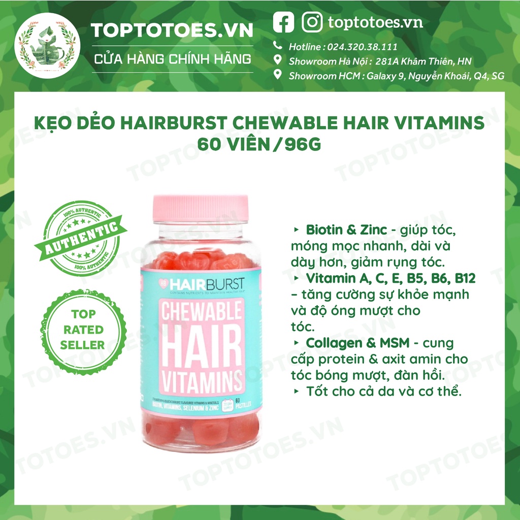 Kẹo Dẻo kích mọc tóc Hairburst Chewable Hair Vitamins 60 viên/ 96g [NHẬP KHẨU CHÍNH HÃNG 100%]