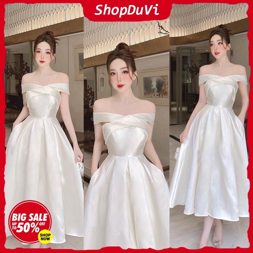 Đầm Dự Tiệc , Đầm Trễ Vai Chối 2 Màu Trắng Đen Phối Màu Ôm Eo From Xòe Xếp Ly Vải Tapta Rất Lên From