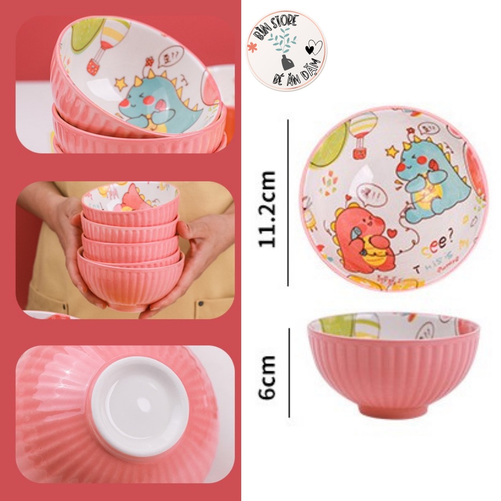 Bát sứ ăn cơm màu hồng, chén ăn cơm cho bé họa tiết khủng long dễ thương trang trí bàn ăn gia đình BÌN STORE
