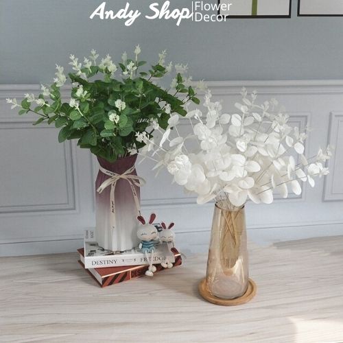 Lá táo giả 55cm giống lá thật, Cành lá giả cành 16 nhánh nhỏ phụ kiện trang trí cắm hoa