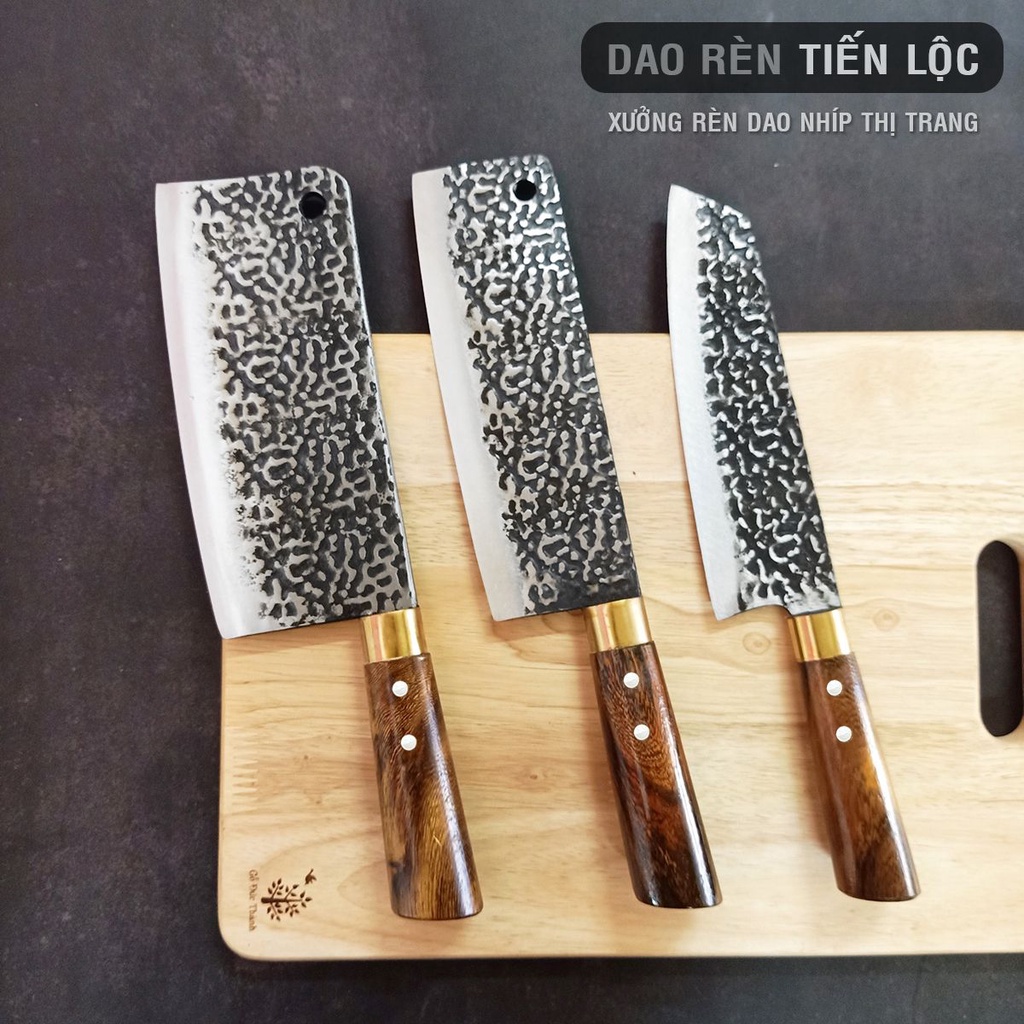 Bộ 3 Dao Nhà Bếp (ChặtTháiLọc) Thép Nhíp Dập Vân 2 Mặt Kháng Rỉ Tốt Cán Gỗ Cẩm
