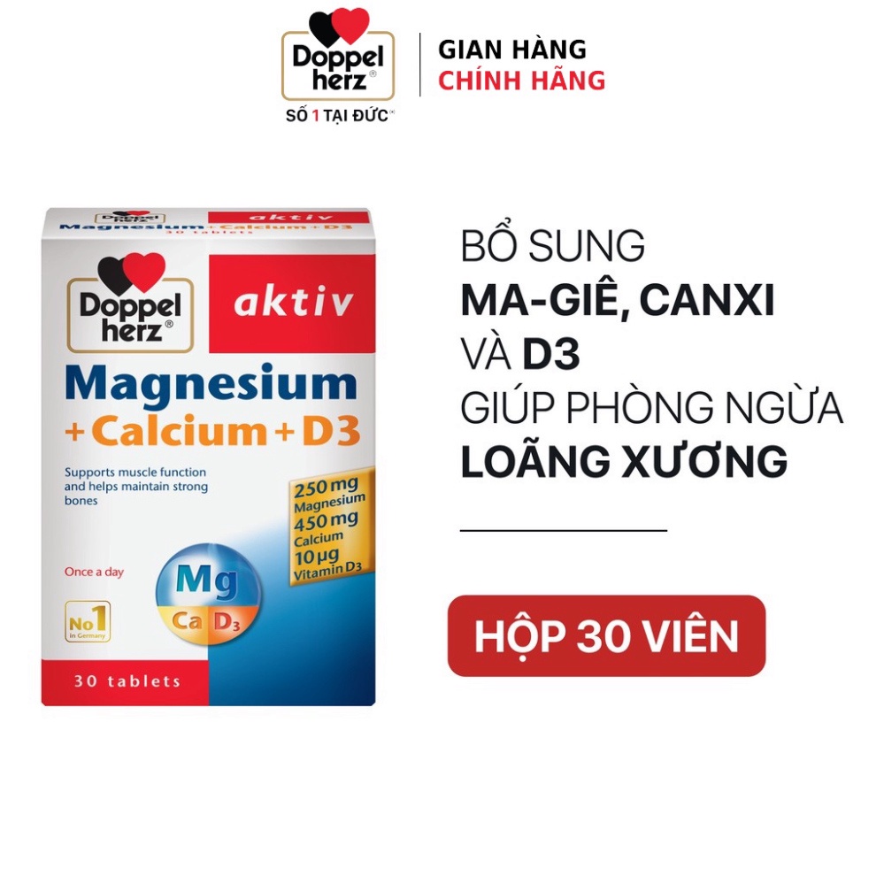 Viên uống bổ sung Canxi phòng ngừa loãng xương Doppelherz Magnesium + Calcium + D3 (Hộp 3