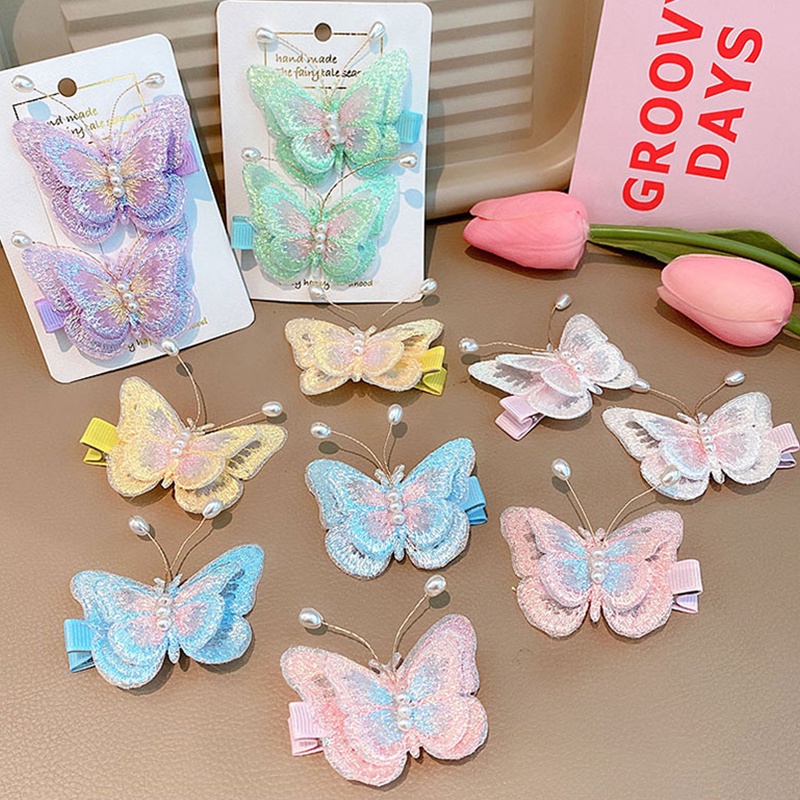 Kẹp Tóc Lưới Thêu Hình Bướm Hai Lớp Đính Ngọc Trai / Bướm Màu Gradient Thanh Lịch