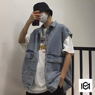 Áo gile jean nam nữ form rộng unisex chumi túi hộp ngắn tay oversize phong cách hàn quốc cm021