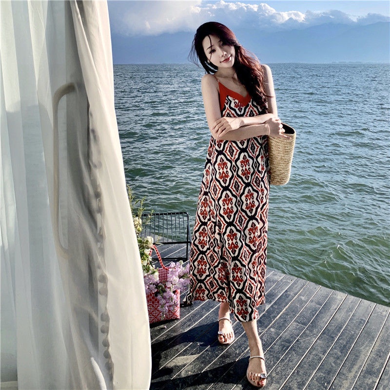 Đầm Voan Hai Dây Cổ Chữ V Dáng Rộng In Họa Tiết Xinh Xắn Thời Trang Cho Nữ