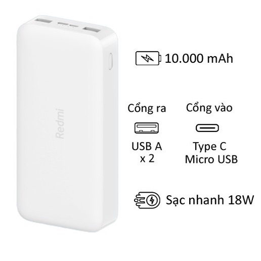 Pin Sạc Dự Phòng Xiaomi Redmi Dung lượng 10000 mAh Tích Hợp Cổng Type-C Bảo Hành 12 Tháng