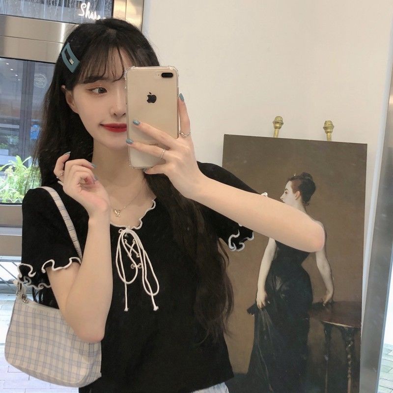 Áo Thun Dệt Kim Tay Ngắn Cổ Chữ V Cột Dây Thời Trang Mùa Hè 2022 Cho Nữ