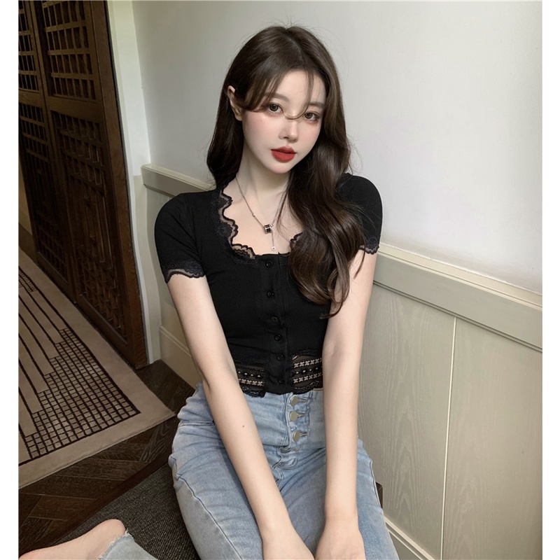 Cocory vn Áo croptop tay ngắn dáng ôm phối ren hoa thời trang quyến rũ cho nữ