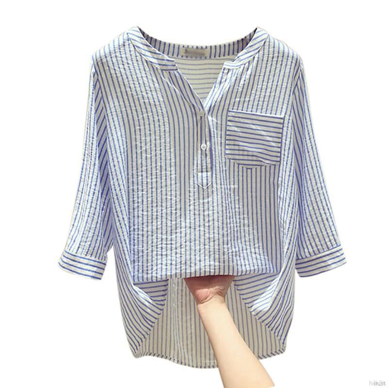 Áo sơ mi tay lỡ hoạ tiết kẻ sọc thiết kế dáng rộng thoải mái