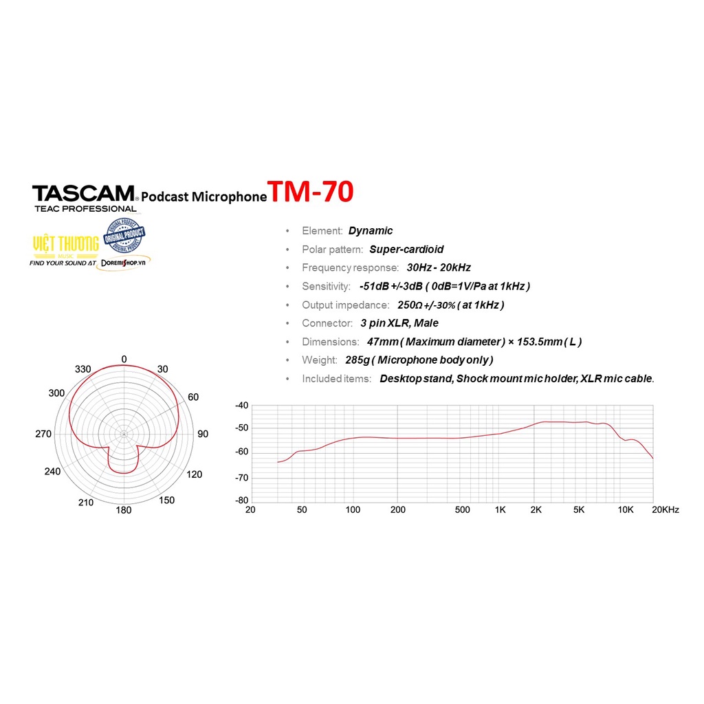 Micro thu âm dynamic microphone TASCAM TM-70 dành cho podcast, streaming, youtuber