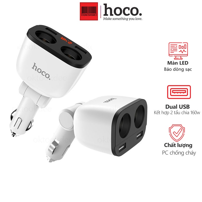 Tẩu sạc 2 cổng usb - Màn LCD Báo áp - Hoco Z28 tích hợp bộ chia tẩu oto công suất 80w