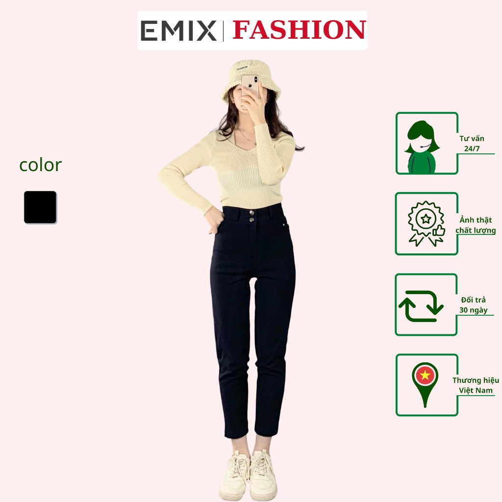 Quần jean nữ cá tính EMIX (màu đen), unisex, dáng dài, cạp cao, 2 cúc, chất jean mềm nhẹ, có co giãn, không bai xù 605