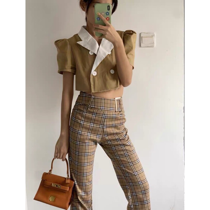 Quần dài kẻ bbr lưng cao ống suông