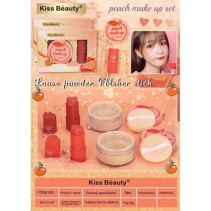 Set 2 món Kiss Beauty Peach ( phấn phủ bột + má hồng thỏi tim)