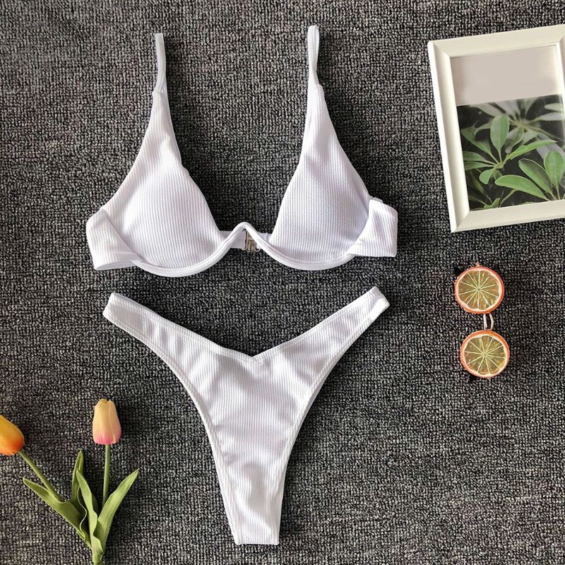 Bộ bikini bơi hai mảnh cổ chữ V nâng ngực cúp tam giác màu trơn neon tươi sáng gân sọc phong cách Brazil quyến rũ cho nữ