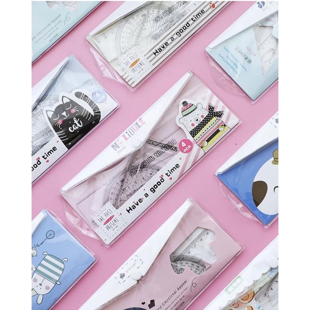 Bộ 4 món thước kẻ, eke, đo góc học sinh siêu cute kèm túi đựng dễ thương