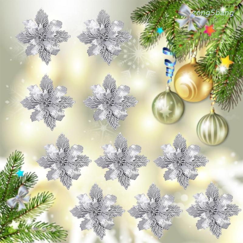 Set 10 bông hoa giả long lanh trang trí cây thông giáng sinh cỡ 11cm