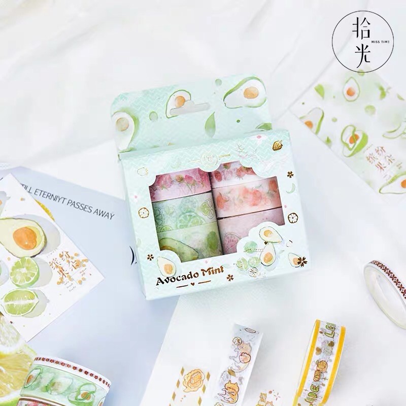 Hộp 8 cuộn băng dính washi tape hoa quả mùa hạ tươi mát ngọt ngào