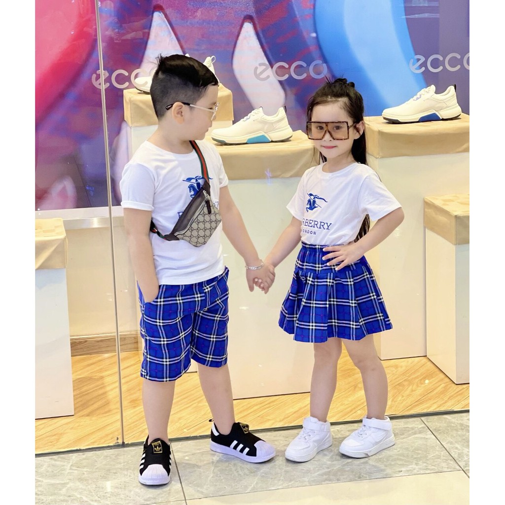 Đồ đôi bé trai bé gái chất thun cotton chính phẩm phối chân váy kaki mền đẹp 9-28kg Link 2