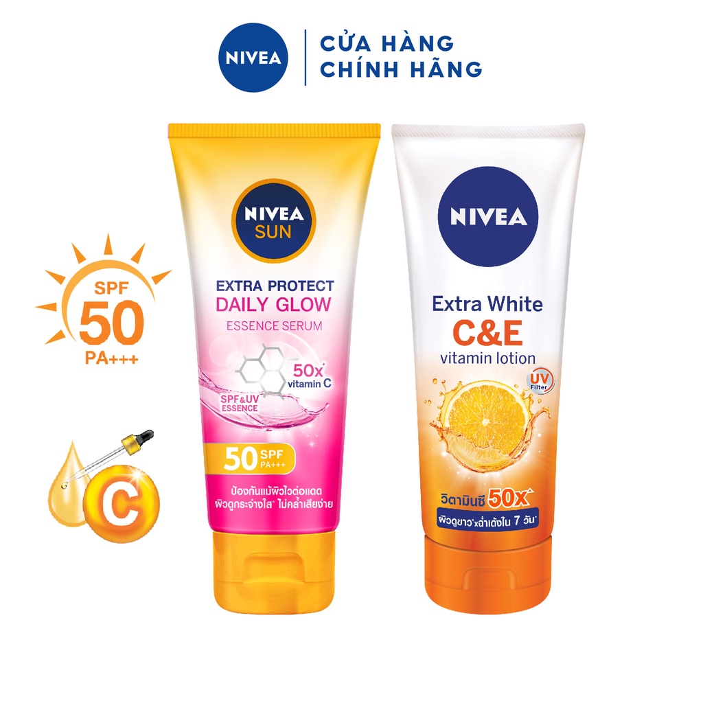Bộ đôi chống nắng và dưỡng trắng NIVEA từ vitamin C: Serum chống nắng toàn thân  SPF50 PA+++180ml + Dưỡng thể C&amp;E 180ml