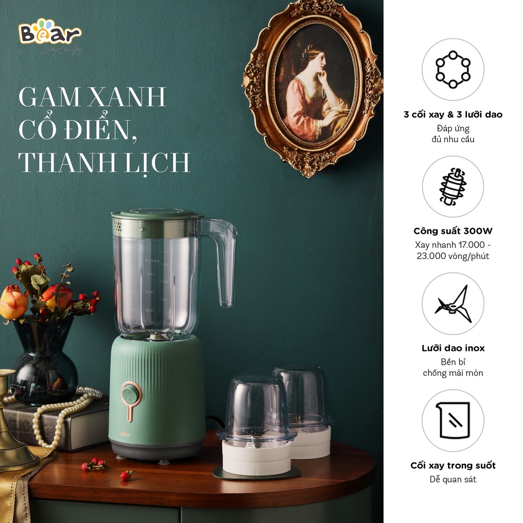 Máy xay 3 cối Bear 1L kèm 2 cối 0,1L BL B10V2 máy xay ăn dặm, xay sinh tố tiện lợi cho bé và gia đình