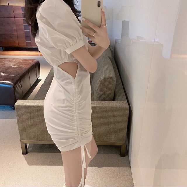 ĐẦM DỰ TIỆC TAY PHỒNG RÚT DÂY HÔNG KHOÉT EO SIÊU PHẨM HOT TREND