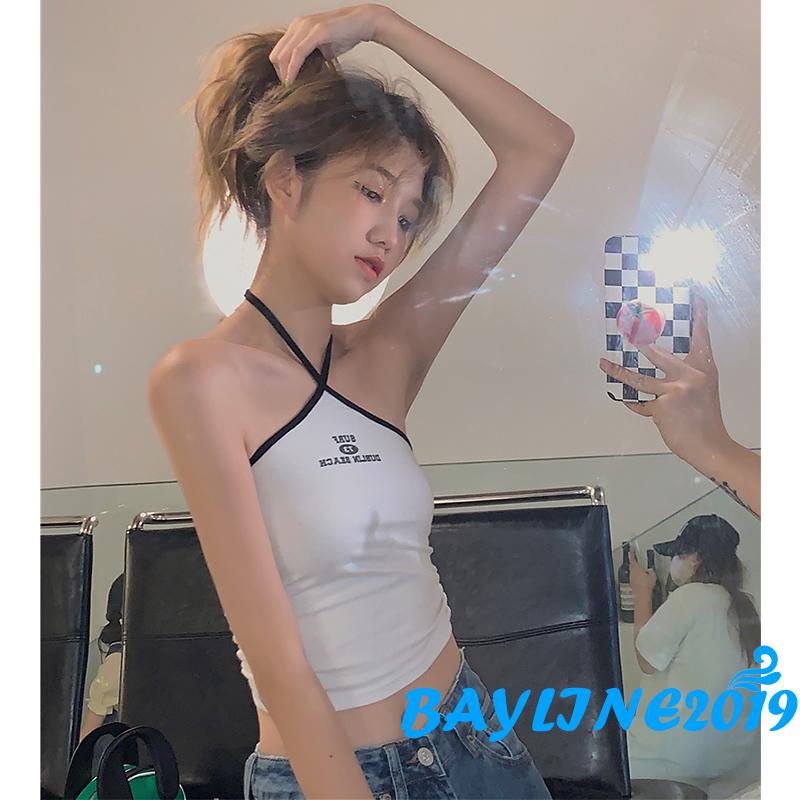 Áo Lửng Cổ Yếm Không Tay In Chữ Thời Trang Dành Cho Nữ