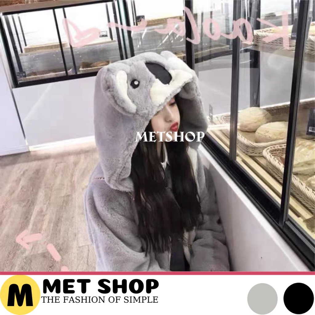 Áo khoác Lông Gấu Màu Xám Tiêu ,lông hai mặt, áo lông tai gấu unisex siêu ấm thòi trang thu đông hàn quốc - METSHOP