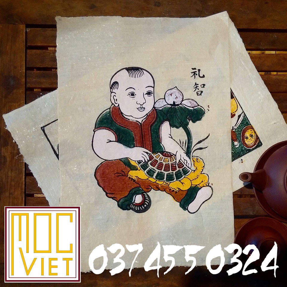 Tranh Đông Hồ Em bé ôm rùa - Lễ Trí