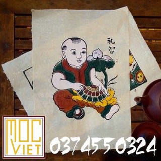 Tranh đông hồ em bé ôm rùa - lễ trí