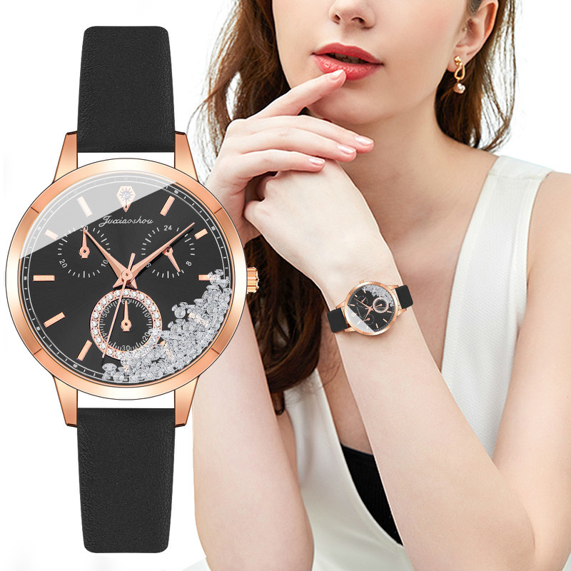 Đồng hồ dây da mặt tròn đính đá sang trọng thời trang cho nữ