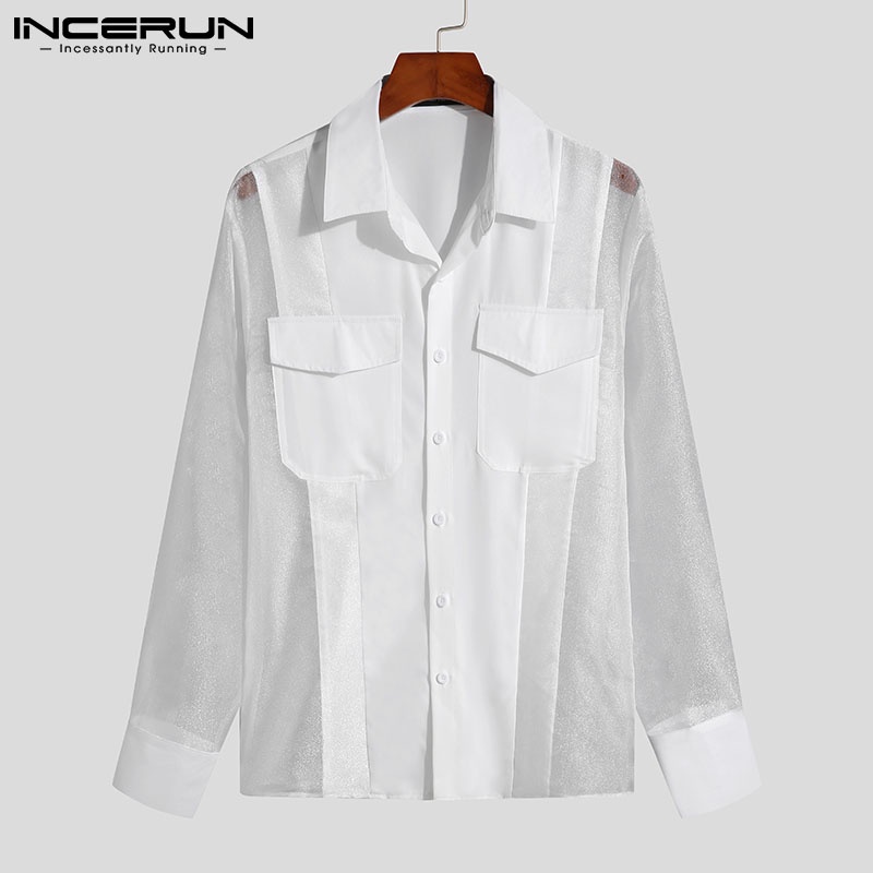 Áo sơ mi INCERUN tay dài phối lưới xuyên thấu thời trang sành điệu cho nam
