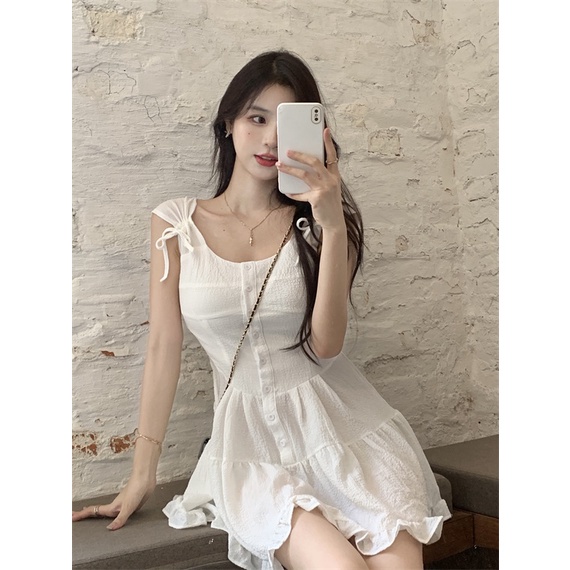Đầm COZOKC tay ngắn cổ vuông thắt nơ xinh xắn thời trang cho nữ