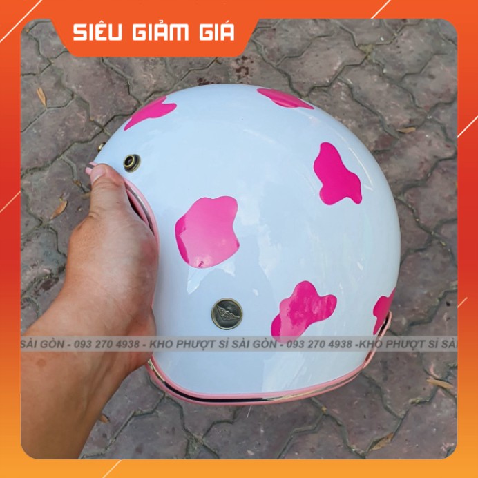 FREESHIP- Mũ nón bảo hiểm phượt 3/4 trắng lót hồng cho nữ kèm sticker bò sữa hồng siêu cute - nón 3/4 bò sữa hồng đi ch