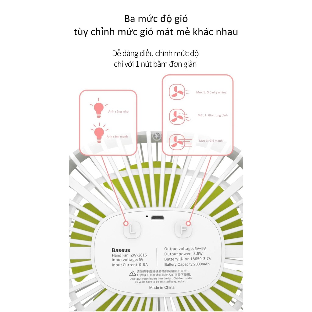 Quạt kẹp mini để bàn Baseus Box Clamping Fan (Pin sạc 2000mAh, 3 cấp tốc độ, đèn LED, xoay 360 độ )