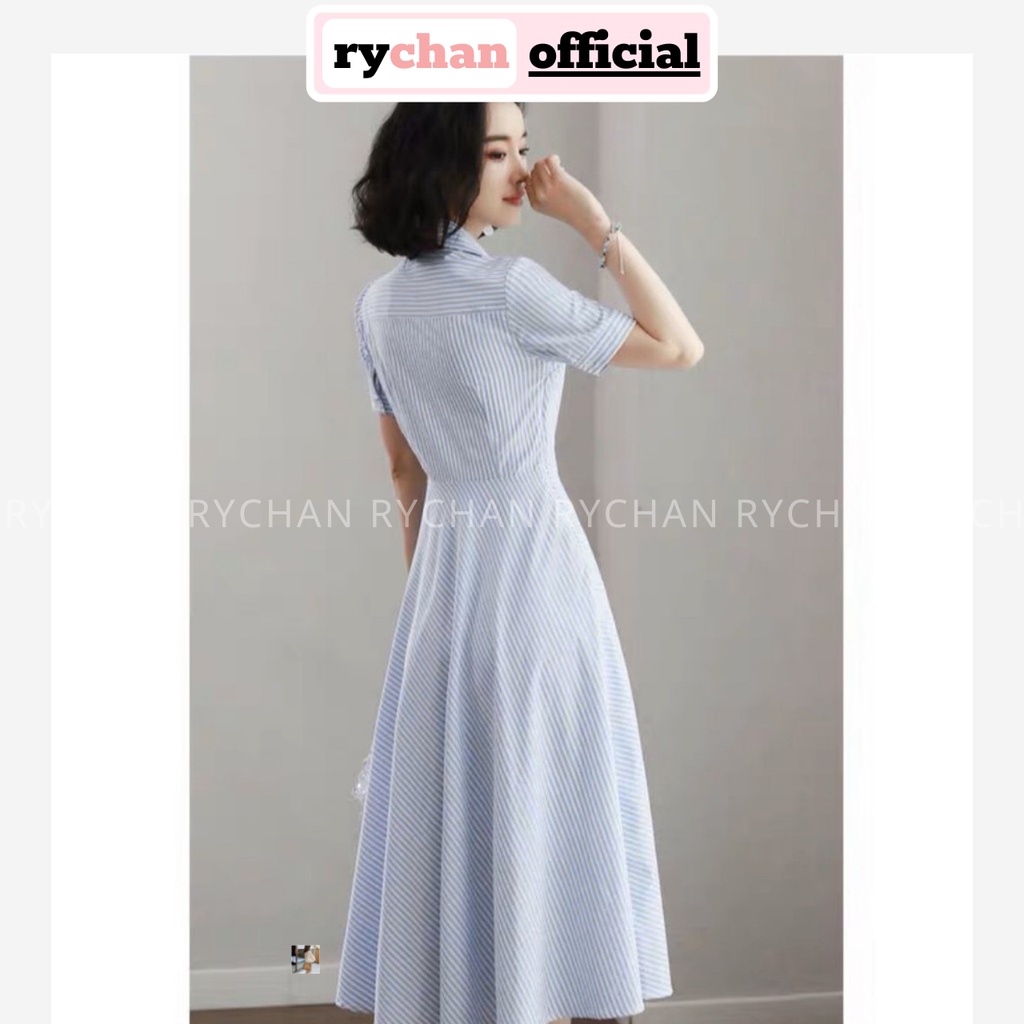 Đầm Xòe Công Sở Đắp Chéo Sọc Xanh Cổ Bẻ - DX657