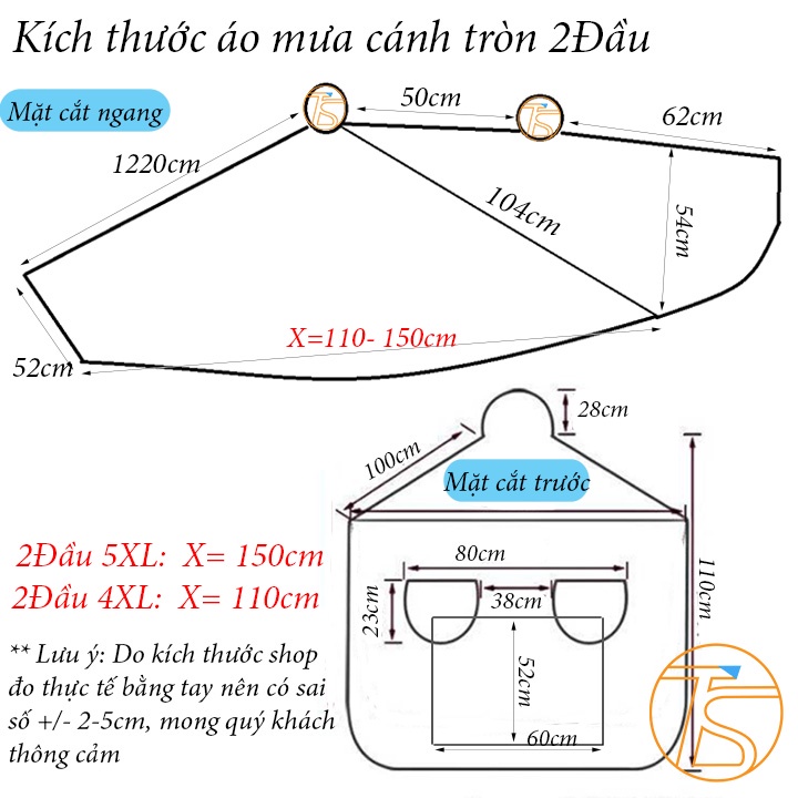 Áo Mưa Cánh Tròn 2 Đầu Có Nón Và Khẩu Trang Che Kính Chiếu Hậu Và Đèn Tiện Lợi Che Mưa