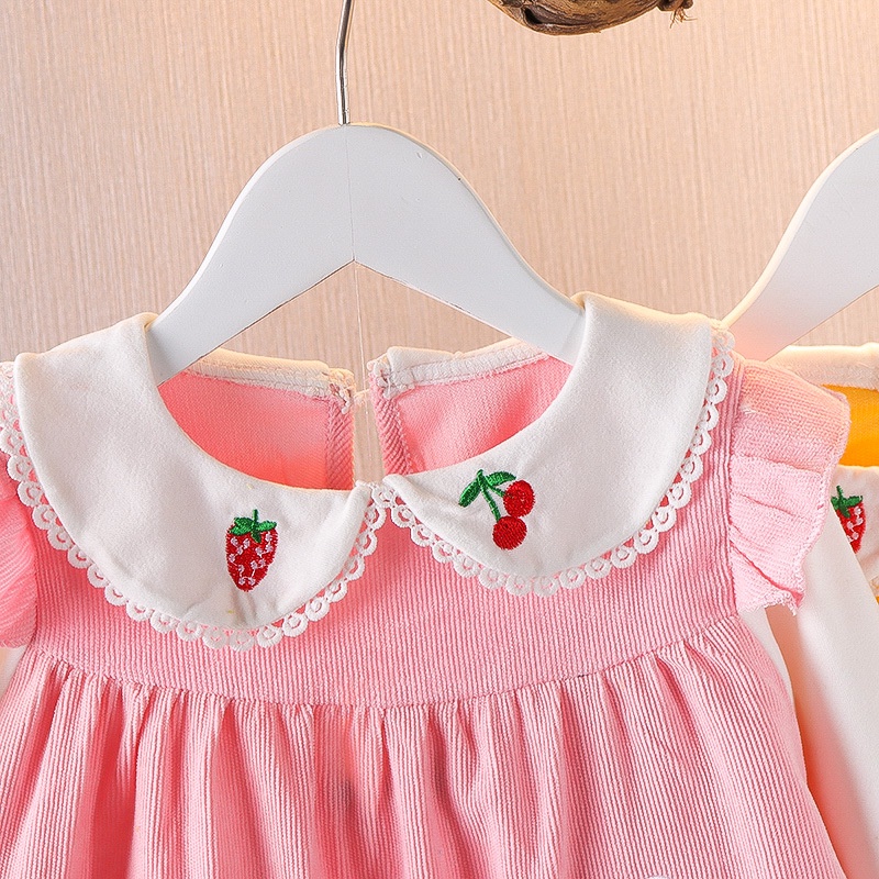 Váy đầm bé gái cổ bèo thêu trái dâu và thỏ đáng yêu