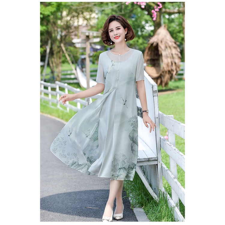 Đầm Sườn Xám Cách Tân Dáng Rộng Bằng Lụa Thời Trang Mùa Hè Cho Phụ Nữ Trung Niên 2022