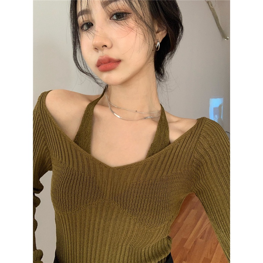 Porozi  Áo dệt kim tay dài dáng ôm hở vai phong cách Hàn Quốc gợi cảm thời trang dành cho nữ